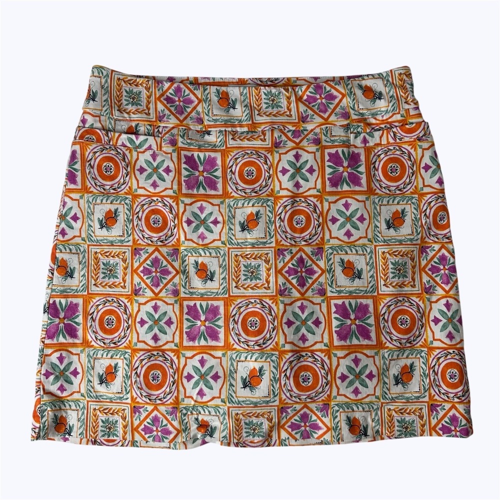 Kim Rogers Skort Mediterranean Tile Print Pull On Orange Fruit Resort Sz 14